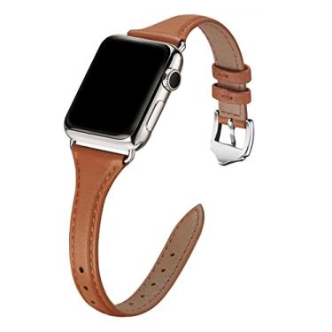 Imagem de WFEAGL Pulseiras de Couro Compatíveis com Apple Watch 38mm 40mm 41mm, Pulseira Fina de Couro de Grão Superior para iWatch Série 8/7/SE/6/5/4/3/2/1 - Marrom/Adaptador Prata