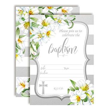 Imagem de Convites de batismo de lírio floral em aquarela prata e branco, 20 cartões de 12,7 cm x 17,7 cm com vinte envelopes brancos da AmandaCreation