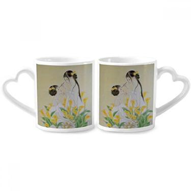 Imagem de Conjunto de canecas de porcelana para casais, aquarela, chinesas, bela com flor, coração