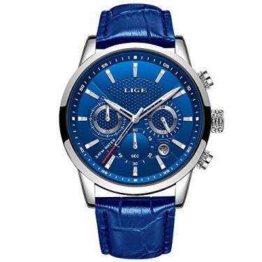 Imagem de Relógio masculino de luxo LIGE, moderno, estilo militar, esportivo, analógico, de quartzo, com cronógrafo, clássico, casual, à prova d'água, marrom, branco, de couro, Vestido clássico casual esportivo, Mostrador azul, 8.07