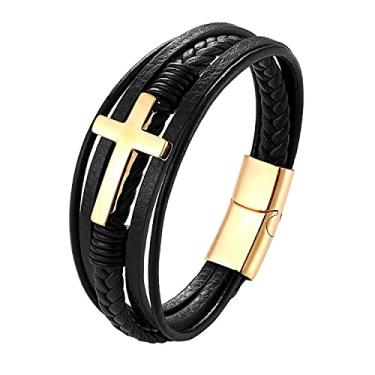 Imagem de ToneGrip Pulseiras de couro religiosas com cruz pulseira personalizada para homens e mulheres pulseira de couro de aço inoxidável multicamadas trançada, corrente masculina com fecho