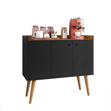 Imagem de Aparador Buffet Wood Prime 3 Portas Cantinho Café Prateleira Organizadora Pés Palito Decoração Retrô - Preto|Nature - RPM Móveis
