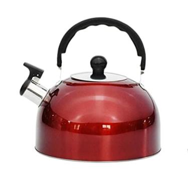 Imagem de Chaleira de acampamento de água para fogão a gás, chaleiras, chaleiras, dispensadores de água quente pequenos ao ar livre de aço inoxidável bipe após a água ferver alça anti-queimadura (vermelho, 2L)