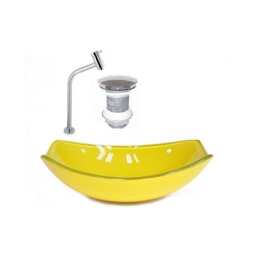 Imagem de Kit Cuba de Vidro + Torneira para Lavatório Oval Chanfrada 46cm Amarelo
