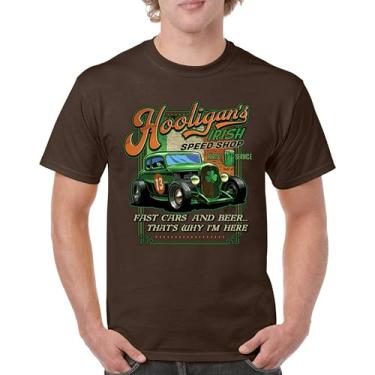 Imagem de Camiseta masculina Hooligan's Irish Speed Shop Dia de São Patrício Vintage Hot Rod Shamrock St Patty's Beer Festival, Marrom, 4G