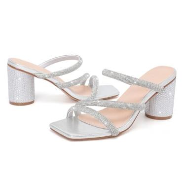 Imagem de kkdom Sandálias femininas quadradas de bico aberto com glitter, salto grosso, brilhante, strass, salto curto, salto mule, Prata, 37