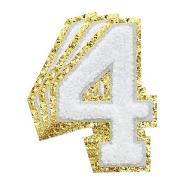 Imagem de 3 Pçs Remendos de Número de Chenille Remendos Dourados Glitter Ferro em Remendos de Letras Varsity Remendos Bordados de Chenille Remendos Costurados para Roupas Chapéu Bolsas Jaquetas Camisa (Ouro, 4)