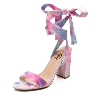 Imagem de Trary Salto feminino rosa roxo nude vermelho preto com cadarço salto grosso para mulheres, sandálias de salto com tiras para mulheres, salto de plataforma alta, salto largo confortável de amarrar com