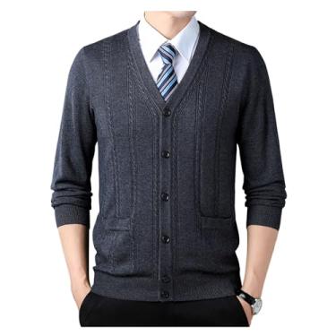 Imagem de Cardigã masculino de cor sólida, suéter de malha com gola redonda e bolso manga longa casual, Cinza escuro, 3G