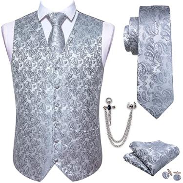 Imagem de Barry.Wang Colete masculino formal Paisley Jacquard gravata de seda conjunto de colete casamento 5 peças, Prata, G