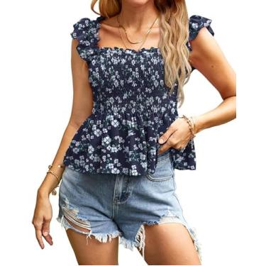 Imagem de Clarisbelle Camiseta feminina de verão com decote quadrado e babados sem mangas Boho, Estampa floral A4, M