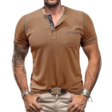 Imagem de Camiseta masculina casual de manga curta básica de verão com bolso e botão, Caqui, P