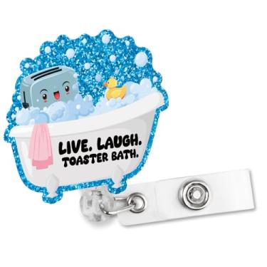 Imagem de Sixrip Live Laugh Toaster Carretel de crachá irregular retrátil com glitter e clipe jacaré, lindo suporte de crachá presente para médico, enfermeira, turno noturno, farmácia, consultório, assistente