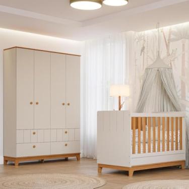 Imagem de Quarto Bebê Completo Berço Americano Guarda Roupas 100% Mdf Off White/nature