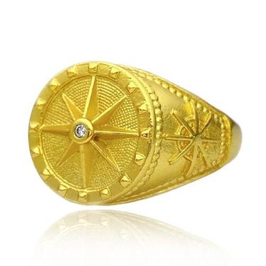 Imagem de Dedeira Masculina de Ouro Rosa dos Ventos com Pedra Banhado a Ouro - T