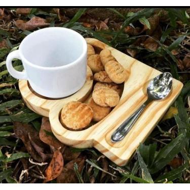 Imagem de Kit Tábua Bandeja c/ Xícara de Tomar Café / Chá  Madeira Pinus - Tres 