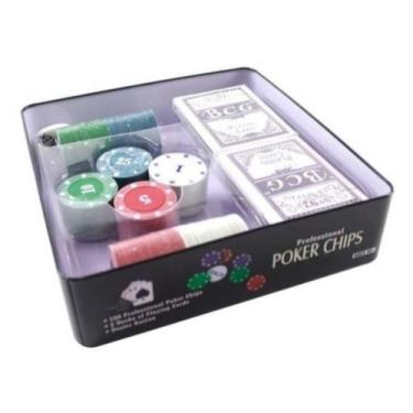 Imagem de Jogo de fichas para poker 100 fichas plastico na lata 02 jogos de bara
