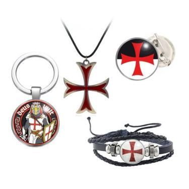Imagem de Kit Cruz dos Cavaleiros Templários e Deus Vult: Colar, Chaveiro, Boton