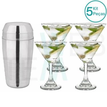 Imagem de Kit 4 Taças de Martini De Vidro 274ml e 1 Coqueteleira Inox 700ml: Taç