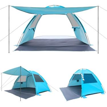 Imagem de DLUCKY Barraca de praia para 2/3-4/5 pessoas, proteção solar portátil anti-UV FPS 50+, ambos os lados piso extensível, toldo extensível, com 2 janelas de malha ventilada, leve e fácil configuração,