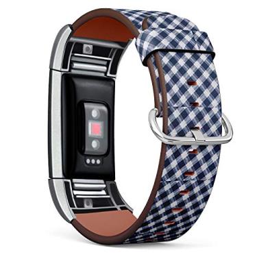 Imagem de Compatível com Fitbit Charge 2 – Pulseira de couro Pulseira de acessórios de substituição (inclui adaptadores) – Tecido xadrez azul e branco