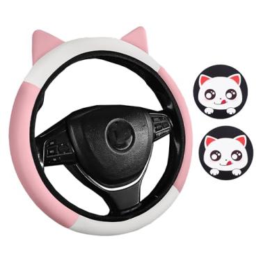 Imagem de Forala Conjunto de capa de volante de couro macio de desenho animado fofo protetor de volante com orelhas de gato para mulheres meninas elástico adorável decoração acessórios de carro (rosa)