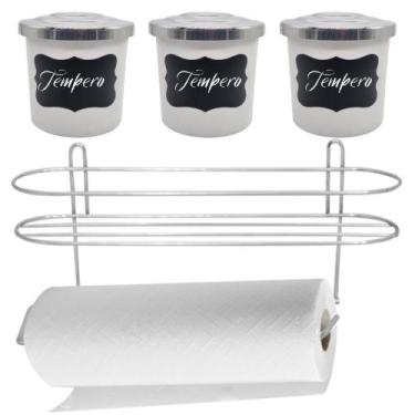 Imagem de Porta Condimentos 3 Peças Alumínio Branco com Suporte de Papel Toalha 