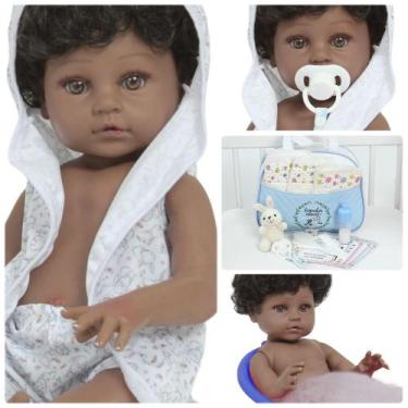 Imagem de Boneco Reborn Cabelo Cacheado Corpo 100% Vinil Negro Fofinho - Cegonha