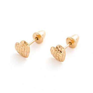 Imagem de Brinco Infantil Ouro 18k Mini Coração Diamantado Diagonais Cruzadas pa