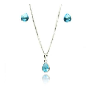 Imagem de Colar E Brinco Gota Azul Pedra Zirconia Prata 925 - Lojas La&Ny, 45, P