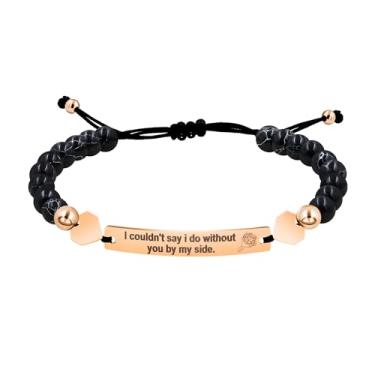 Imagem de Uloveido Pulseira de aço inoxidável ajustável tecida à mão com contas turquesa preta, gravada com "I Am Such A Lucky Bride To Have You By My Side", um presente para seu noivado e casamento SJY4294,