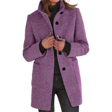 Imagem de Casaco feminino de inverno com gola única, sobretudo de mistura de lã casual, roxo, XXL