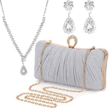 Imagem de Quelay Conjunto de joias com 3 peças, bolsa clutch com glitter, bolsa noturna para festa de casamento feminina (prata), Prata