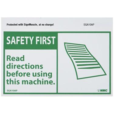 Imagem de NMC Placa SGA10AP OSHA, legenda "SAFETY FIRST - Leia as instruções antes de usar esta máquina" com gráfico, 12,7 cm de comprimento x 7,6 cm de altura, vinil sensível à pressão, verde sobre branco