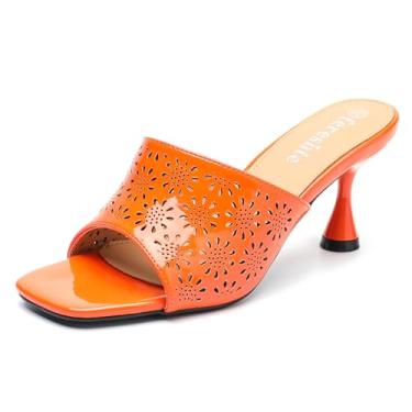 Imagem de fereshte Sandálias femininas vazadas com flores sem cadarço, bico quadrado, salto gatinho, Patente laranja, 41