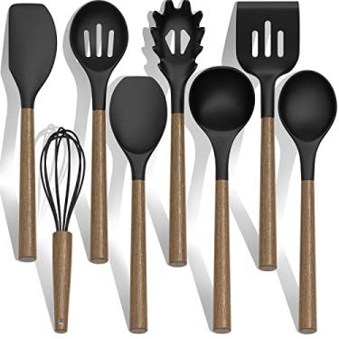 Imagem de Conjunto de utensílios de cozinha de silicone, conjunto de espátulas de utensílios de cozinha com cabo de madeira para panelas antiaderentes, conjunto de utensílios de cozinha de silicone resistente