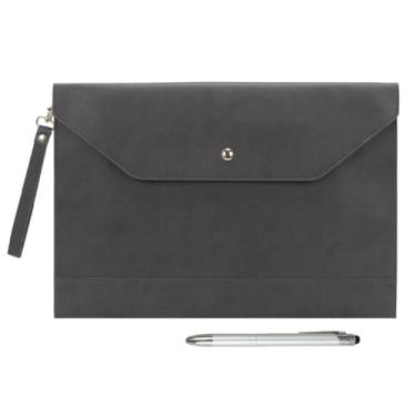 Imagem de Wonderpool A4 Pasta de arquivo com bolso de arquivo PU couro envelope capa pasta documentos bolsa com alça de mão removível e 4 bolsos para documentos, tablet, telefone papelaria (cinza escuro)