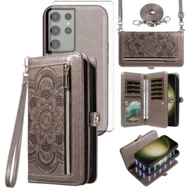 Imagem de Asuwish Capa de celular para Samsung Galaxy S23 Ultra 5G Carteira com zíper destacável com protetor de tela de vidro temperado, suporte de cartão de flores S23Ultra 23S S 23 23Ultra 17.3 cm feminino
