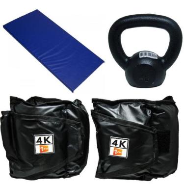 Imagem de Kit Colchonete Azul + Par de Caneleira 4Kg + kettlebell Pintado 4kg - 