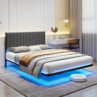 Imagem de ARFARLY Estrutura de cama de casal flutuante com luzes LED e estação de carregamento, moldura de cama completa com cabeceira estofada, estrutura de cama de plataforma de metal tamanho completo com