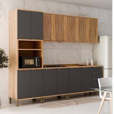 Imagem de Cozinha Modulada Completa 270cm 5 Peças 13 Portas com Tampo 100% MDF Noruega Fresada Espresso Móveis Amêndoa/Cinza