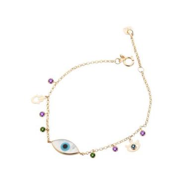 Imagem de Pulseira Feminina de Ouro 18k Olho Grego Madrepérola e Pedras Naturais