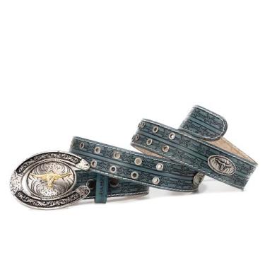 Imagem de Cinto Masculino Country De Couro Detalhe Ferradura Fivela Boi Dourada 