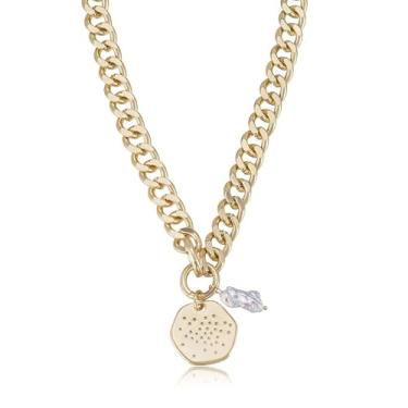 Imagem de Ettika Colar de ouro. Colar gargantilha feminina. Colar banhado a ouro 18 quilates com elos de corrente Lola pérola e medalhão. Joias, One Size, Banhado a ouro 18K, Zircônia cúbica