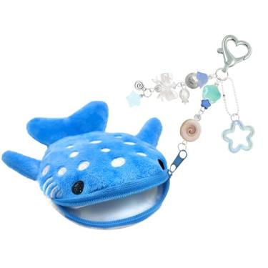 Imagem de YTYAB Porta-moedas de tubarão baleia, chaveiro fofo de pelúcia com chaveiro com zíper, bolsas de moedas kawaii feitas à mão para mulheres, Azul, tamanho �nico