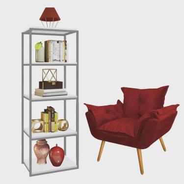 Imagem de Kit Poltrona Fatte com Estante Livreiro Ferro Prata mdf Branco Suede Vermelho - Ahazzo Móveis