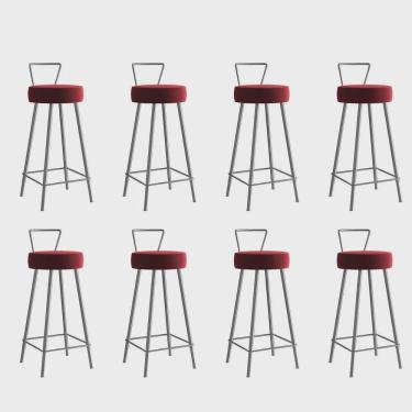 Imagem de Kit 08 Banqueta Alta Com Encosto Tais Eiffel Cozinha Bar Bistrô Ferro Prata Suede Vermelho - Ahz Móveis