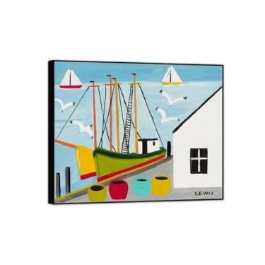 Imagem de MUHJDYC Impressão de pinturas famosas de moldura preta em tela - primitivismo tela de arte de parede - paisagem reprodução de pôster de belas artes (barcos no cais) 20x25cm-8x10in