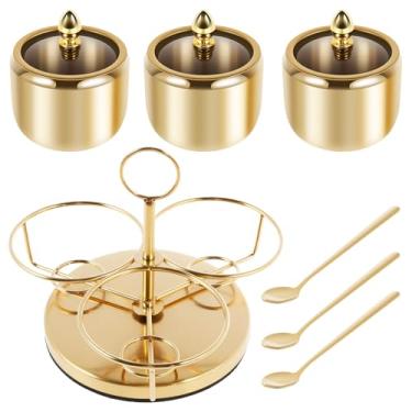 Imagem de UKQRRTC Conjunto de açucareiro de aço inoxidável, pote rotativo de tempero de 3 sabores com tampa de vidro visível, caixa de tempero, dispensador fácil de escolher, recipiente flexível de tempero