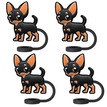 Imagem de Topos de palha de cachorro chihuahua preto para copos Stanley; tampas de palha compatíveis com Stanley copo de 30 e 1,134 g, topo de canudos reutilizáveis e de silicone para pontas de 0,4 polegadas/10
